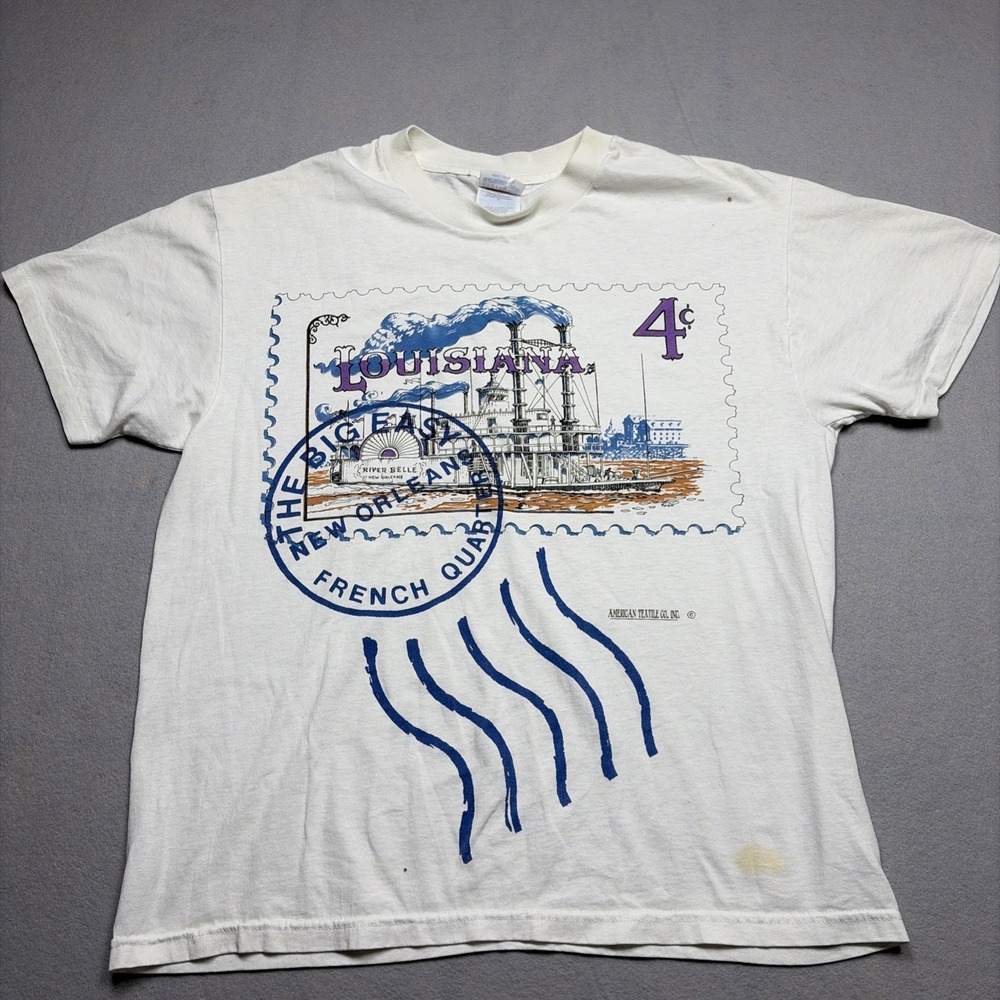 Vintage Hanes T-Shirt Men Large White New Orleans French Quarter Big Easy Stamp